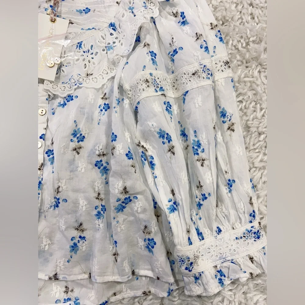 NWT LoveShackFancy Canna Lace Top Blouse- Brilliant Blue